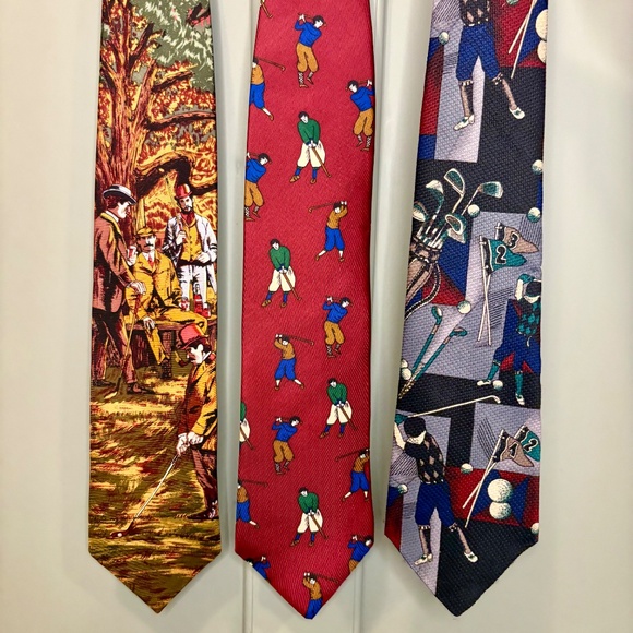 Other - Lot of 3 Vintage Golf Themed Men's Ties (2‎ Silk,1 Poly) 90s Retro